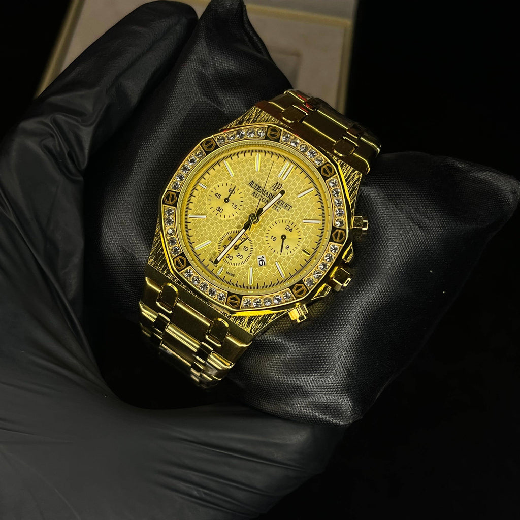 Audemars Piguet Royal Oak Gold Dial Diamond Bezel Gold Chain Date Function Quartz Watch For Men