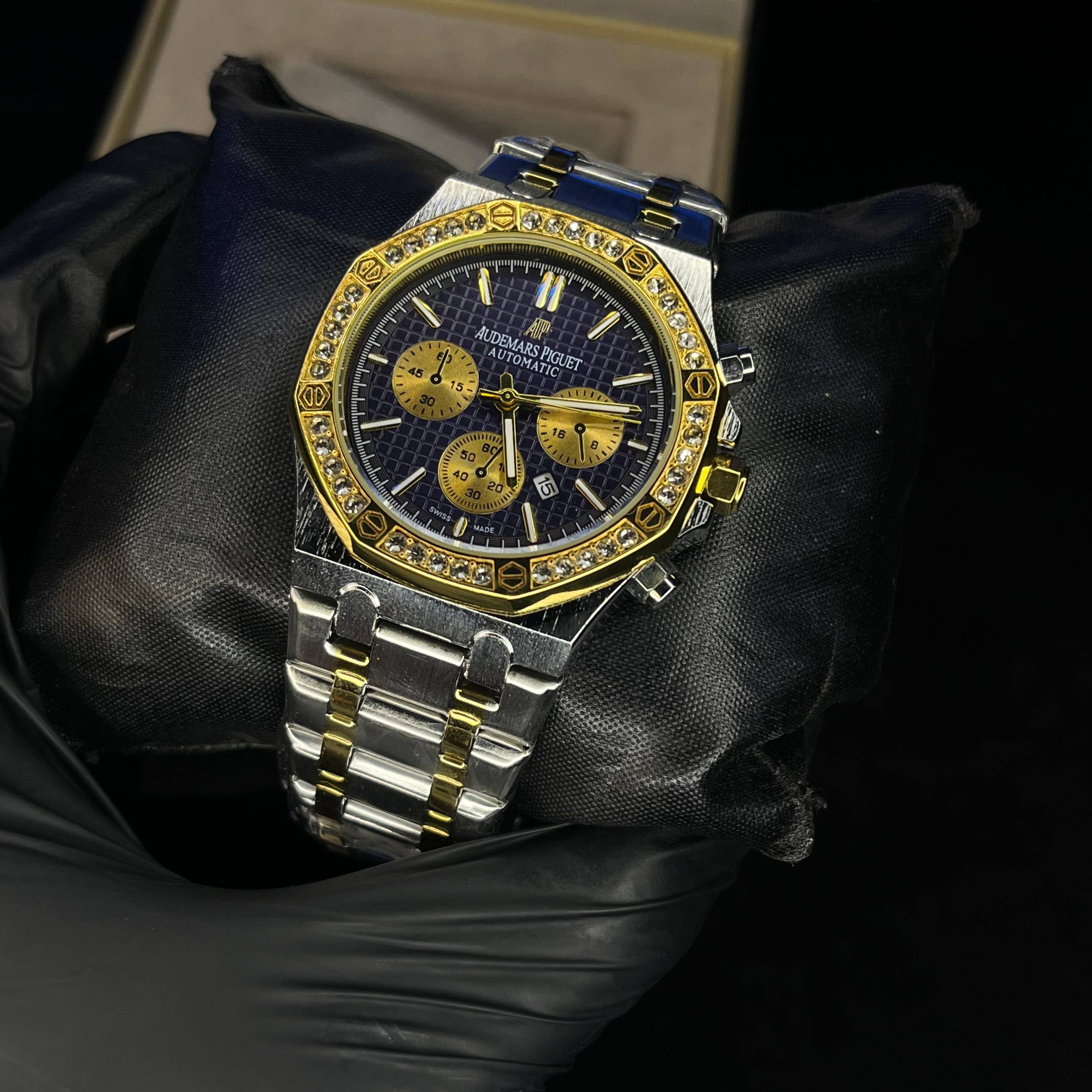 Audemars Piguet Royal Oak Blue Dial Diamond Bezel Two-Tone Chain Date Function Quartz Watch For Men