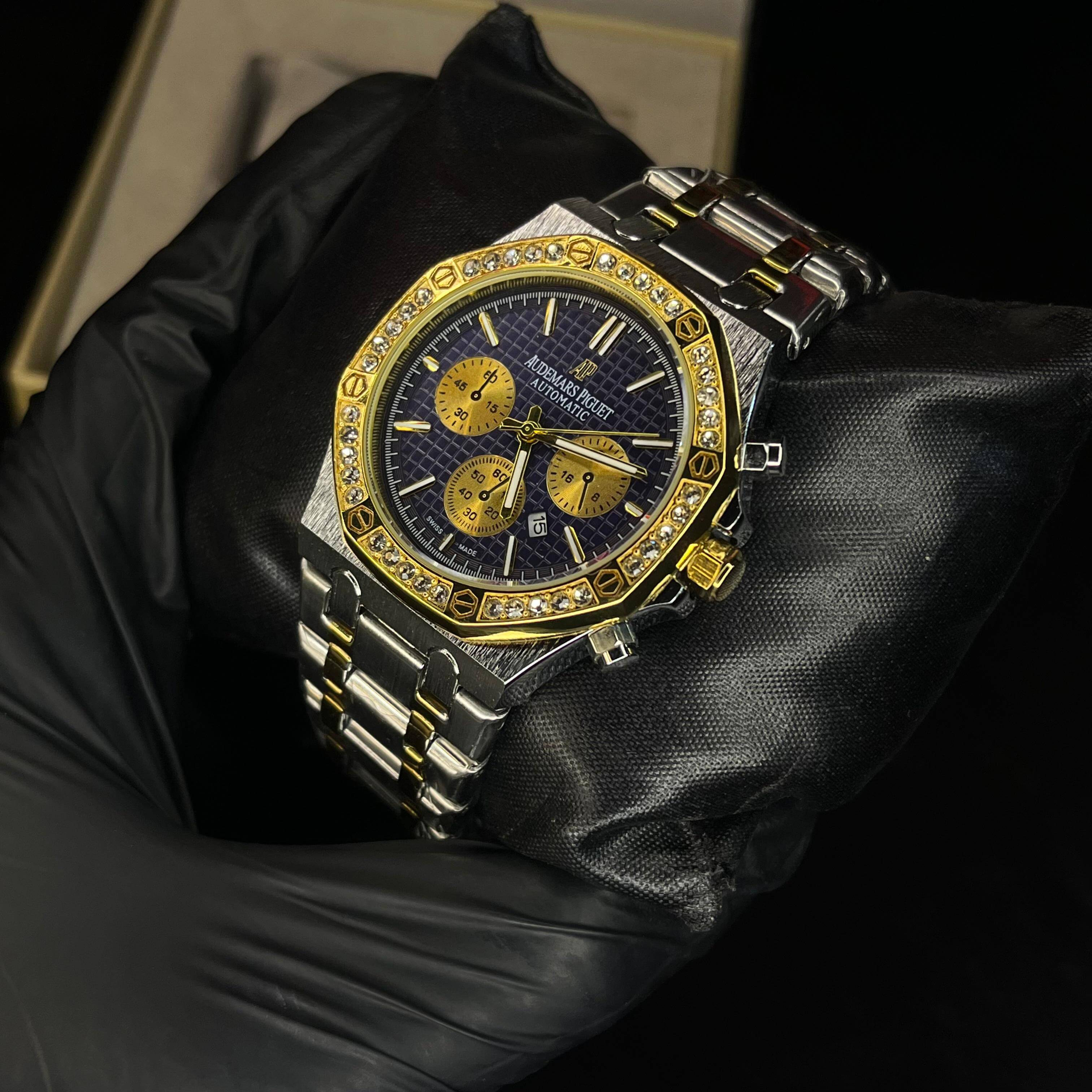 Audemars Piguet Royal Oak Blue Dial Diamond Bezel Two-Tone Chain Date Function Quartz Watch For Men
