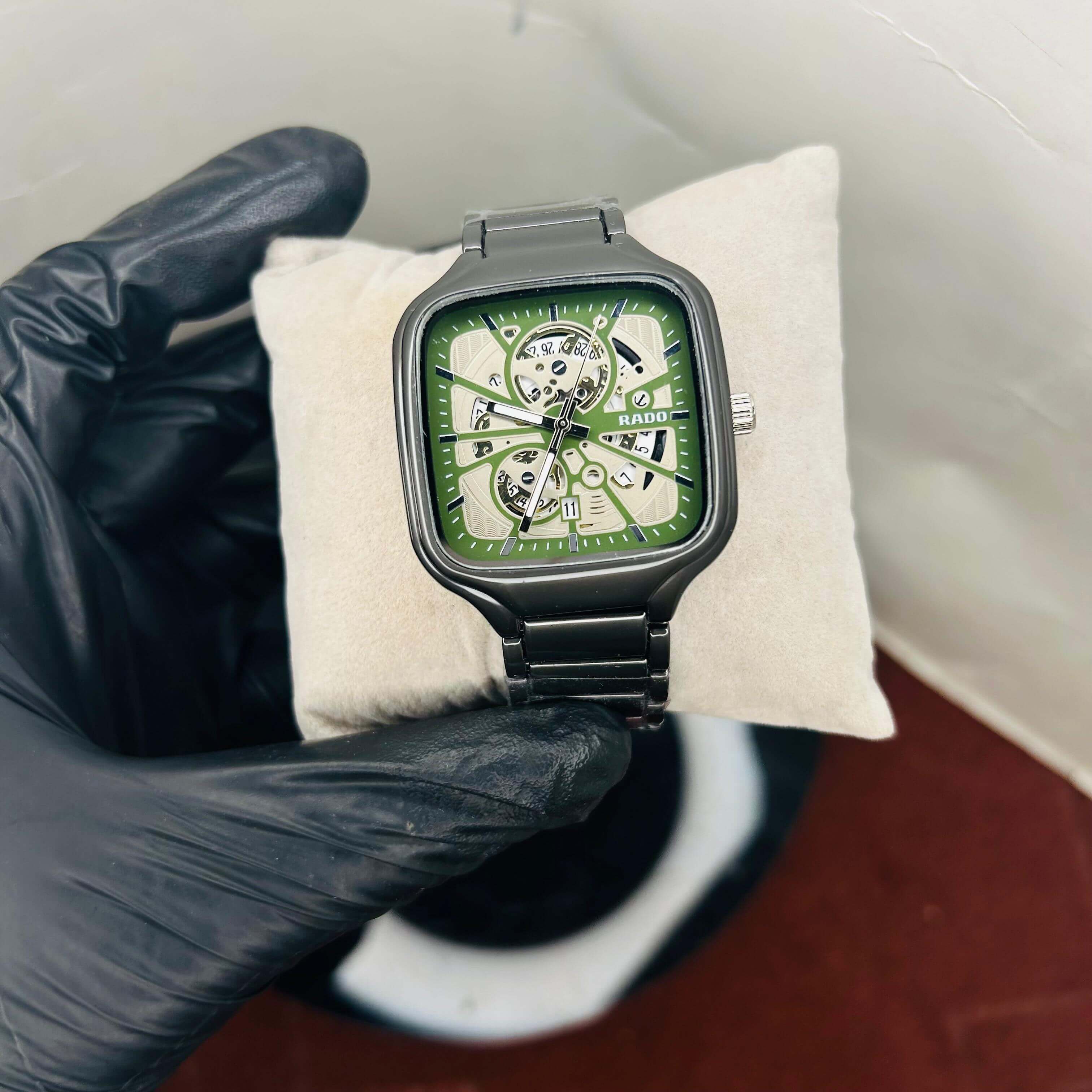 Rado Men's Skeleton Green Dial Grey Chain Watch
