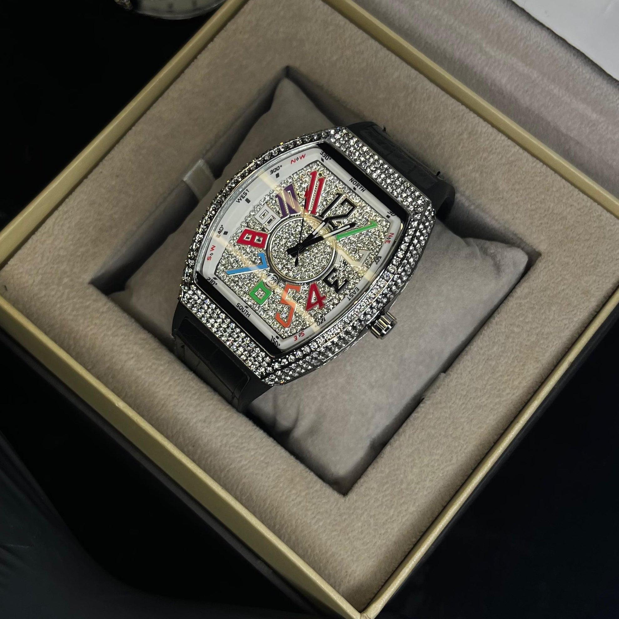 Franck Muller Multi Color Diamond Dial Black Hybrid Strap Date Function Quartz Watch For Men (Copy)