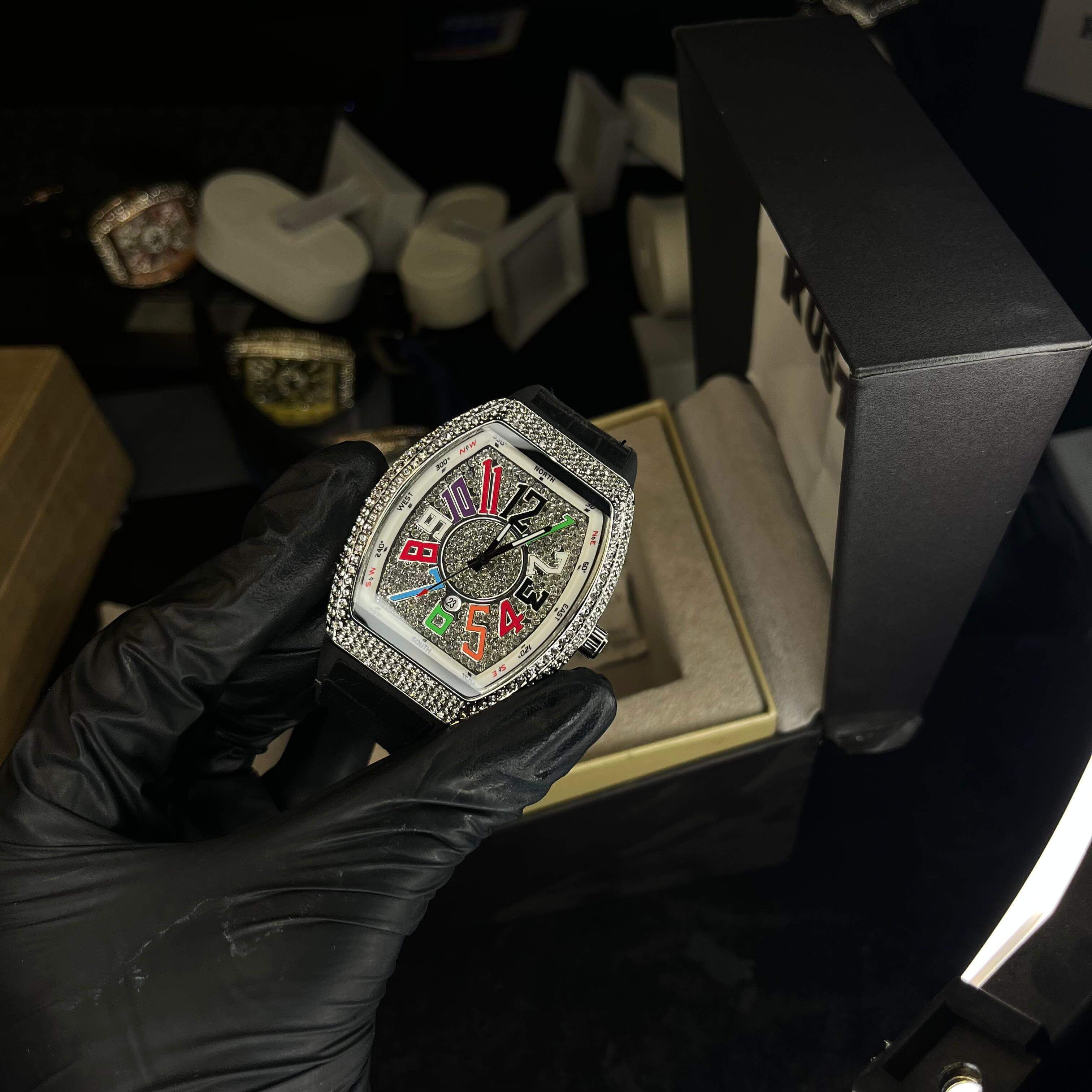 Franck Muller Multi Color Diamond Dial Black Hybrid Strap Date Function Quartz Watch For Men (Copy)