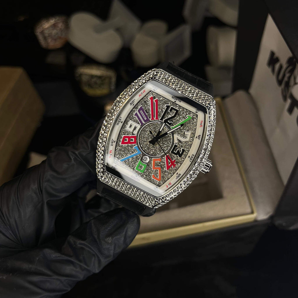 Franck Muller Multi Color Diamond Dial Black Hybrid Strap Date Function Quartz Watch For Men (Copy)