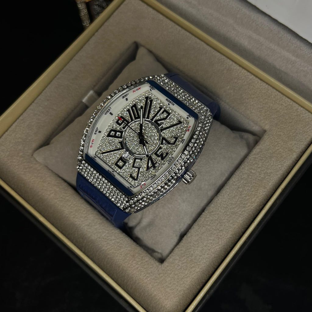 Franck Muller Silver Diamond Dial Blue Hybrid Strap Date Function Quartz Watch For Men