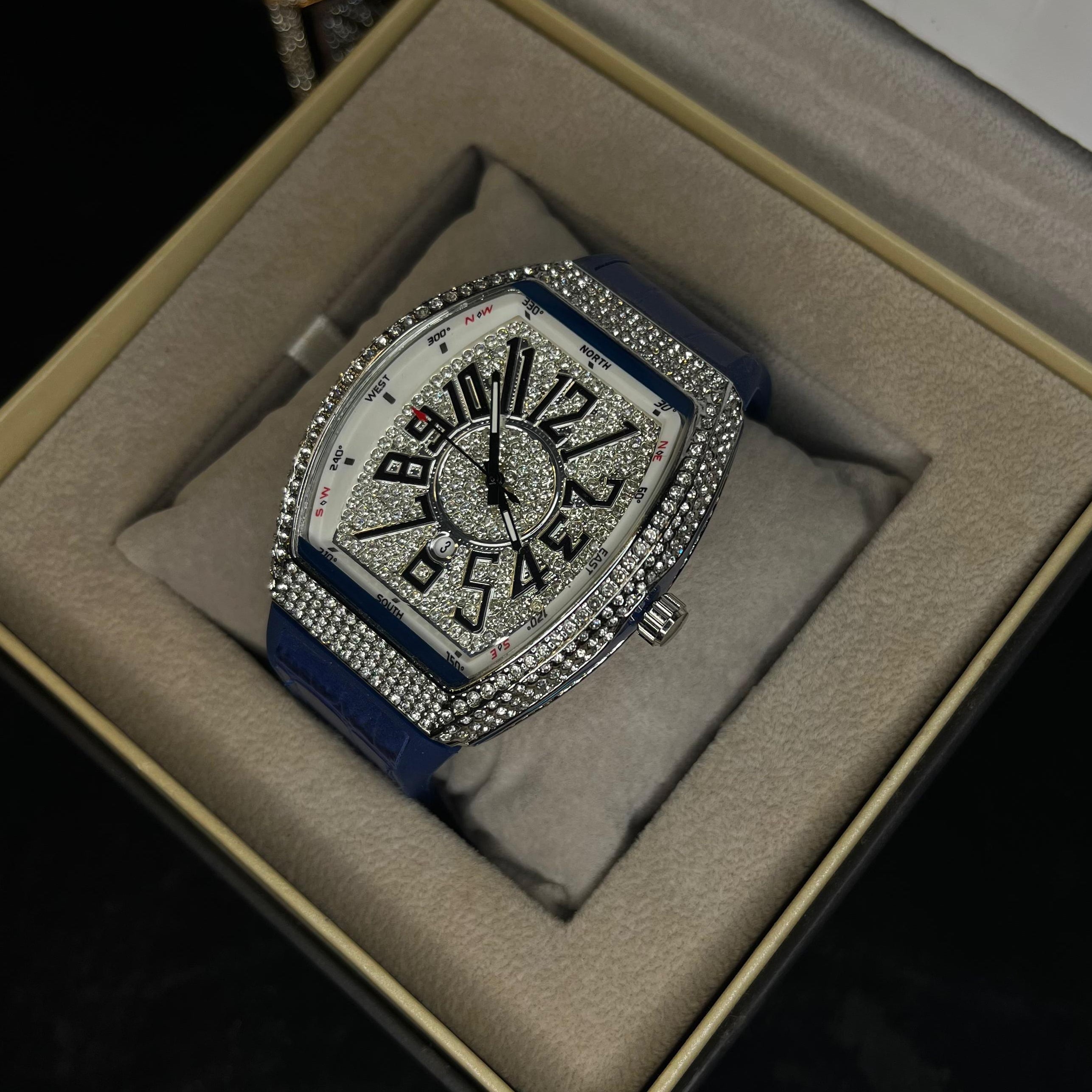 Franck Muller Silver Diamond Dial Blue Hybrid Strap Date Function Quartz Watch For Men