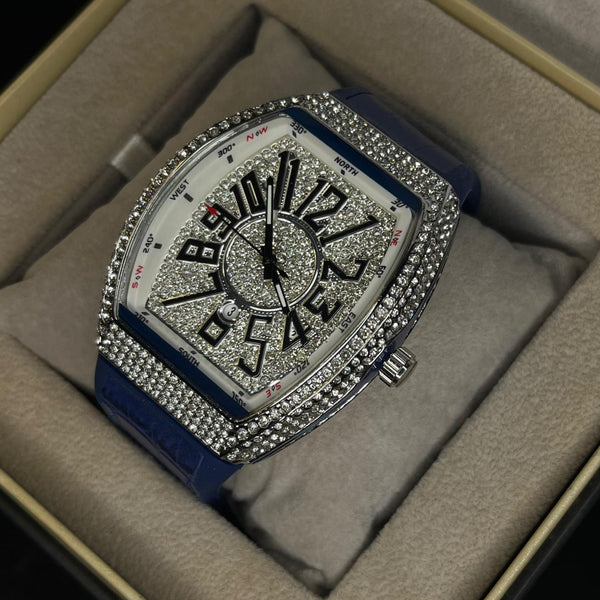 Franck Muller Silver Diamond Dial Blue Hybrid Strap Date Function Quartz Watch For Men