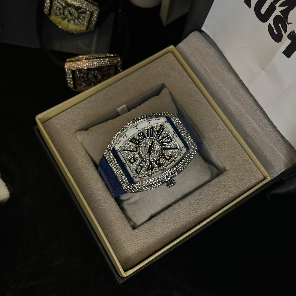Franck Muller Silver Diamond Dial Blue Hybrid Strap Date Function Quartz Watch For Men