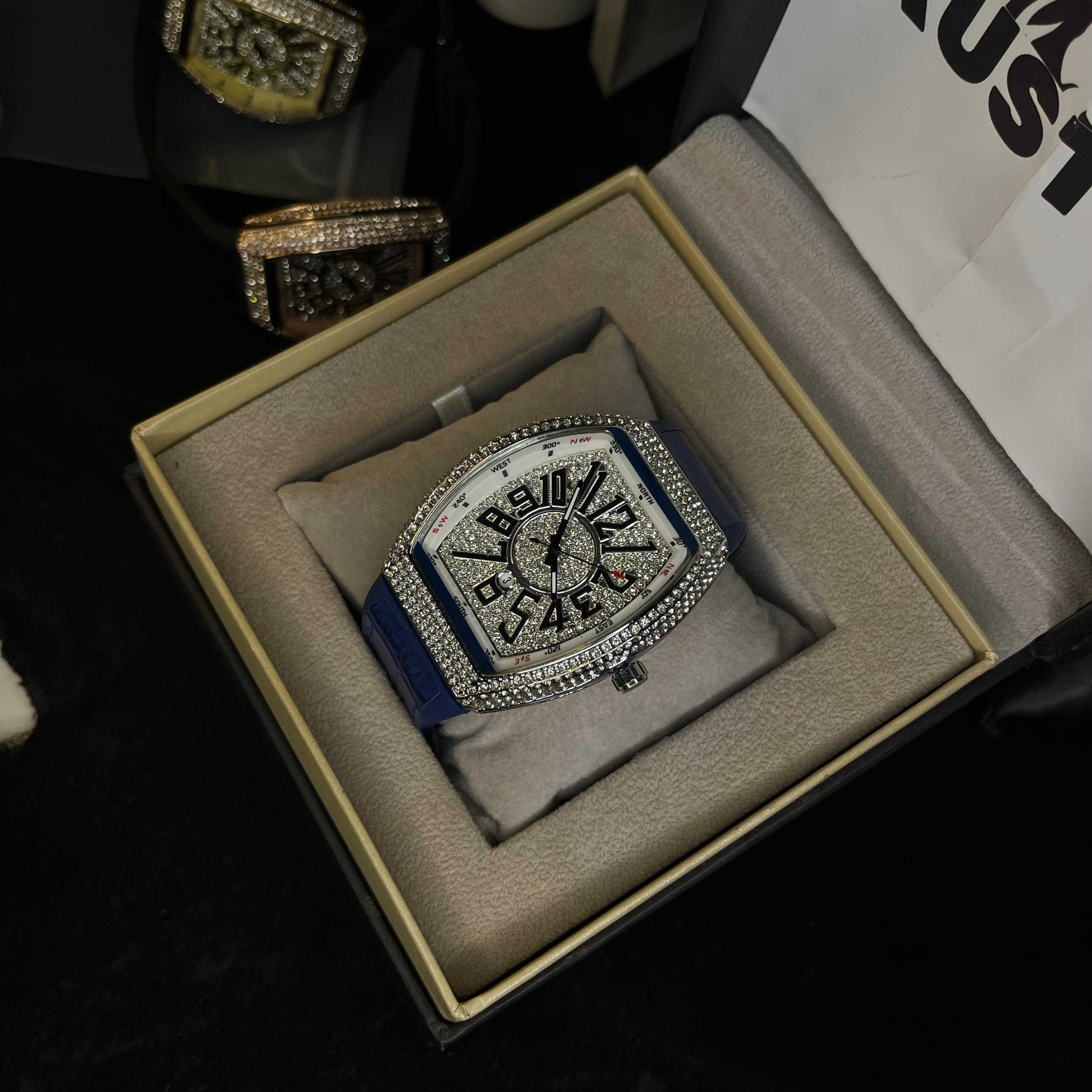 Franck Muller Silver Diamond Dial Blue Hybrid Strap Date Function Quartz Watch For Men
