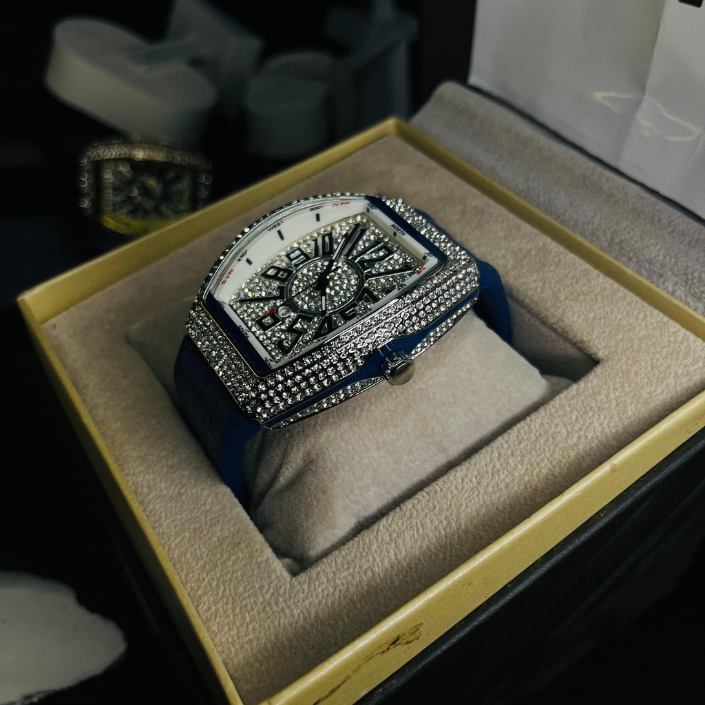 Franck Muller Silver Diamond Dial Blue Hybrid Strap Date Function Quartz Watch For Men