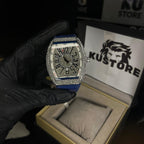 Franck Muller Silver Diamond Dial Blue Hybrid Strap Date Function Quartz Watch For Men