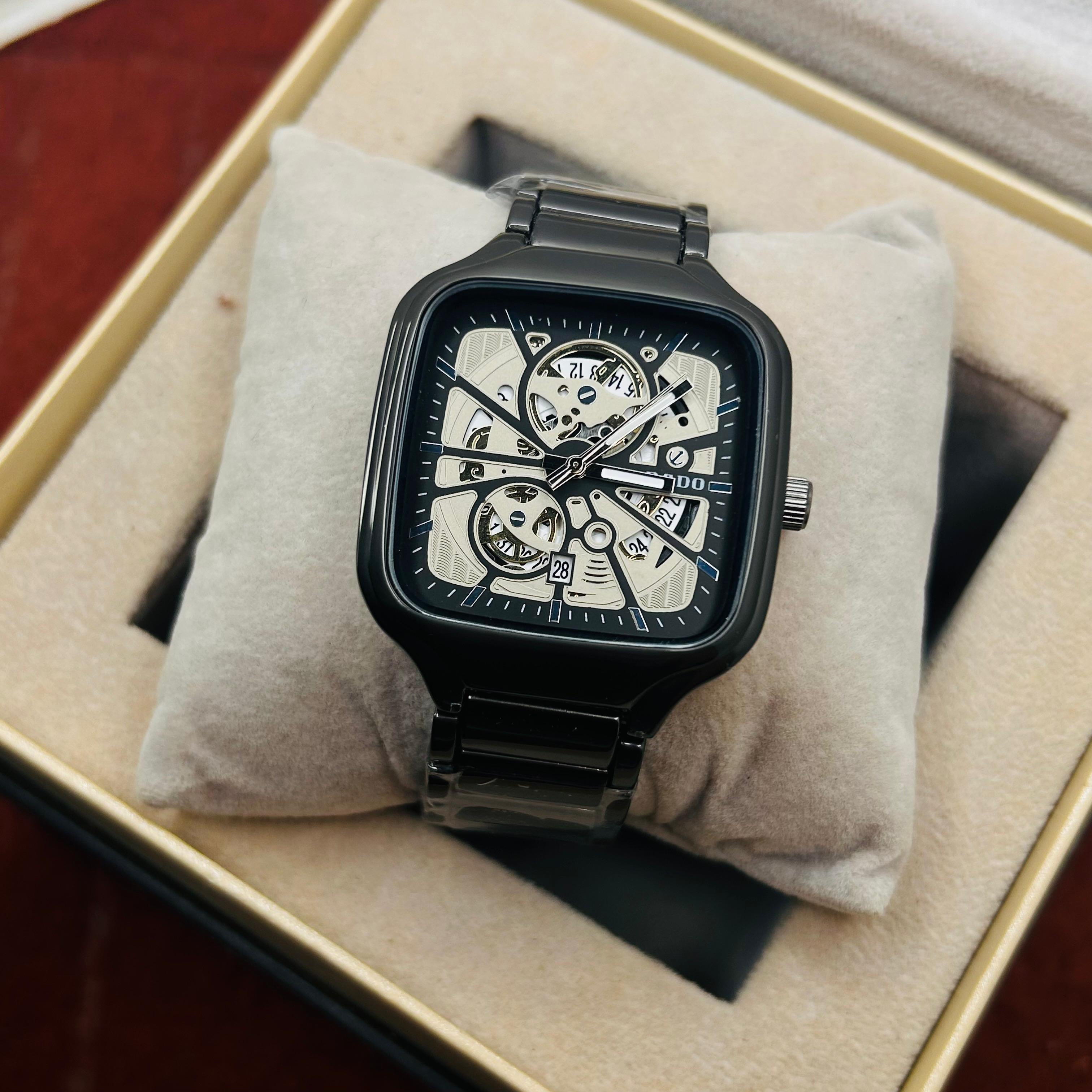 Rado Men's Skeleton Black Dial Grey Chain Watch