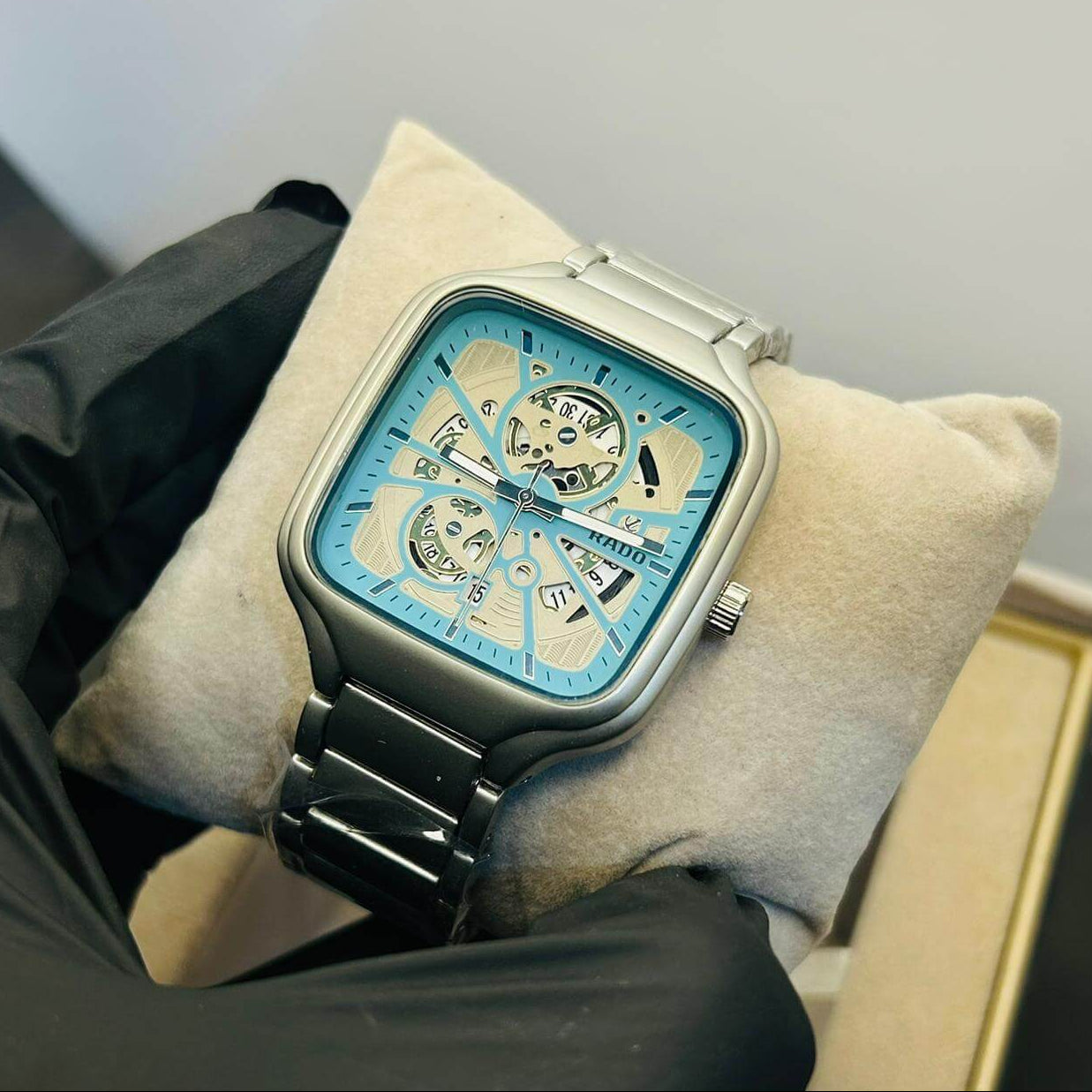 Rado Men's Skeleton Sky Blue Dial Silver Chain Watch