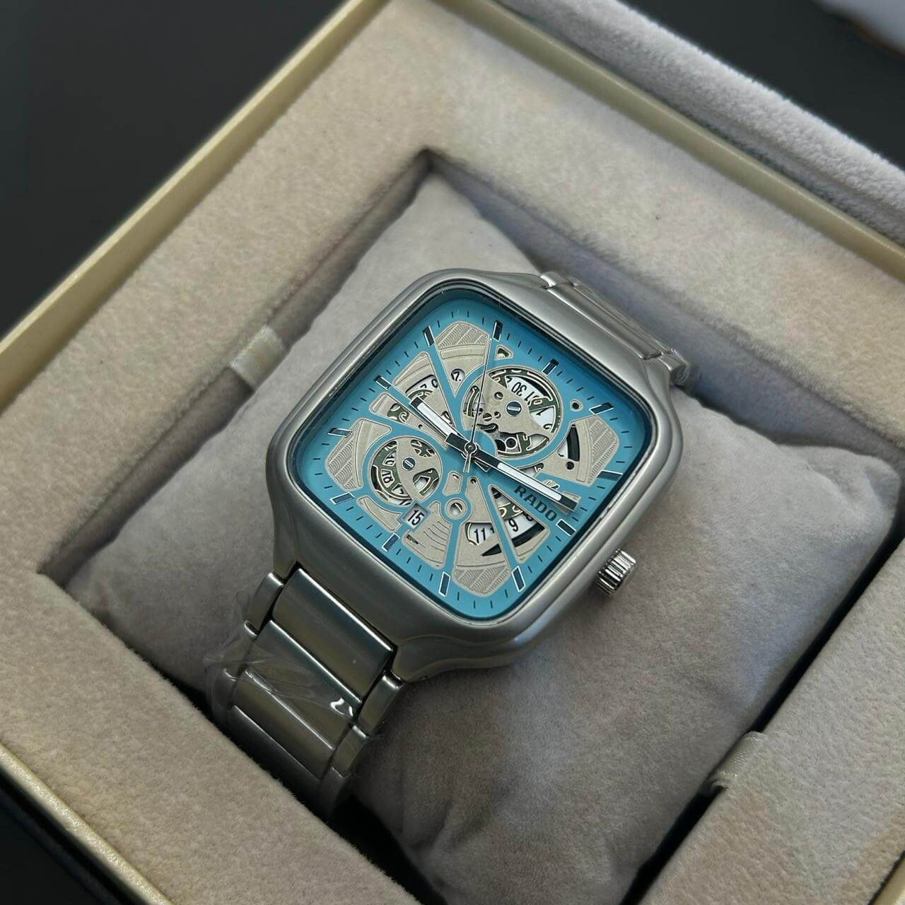 Rado Men's Skeleton Sky Blue Dial Silver Chain Watch