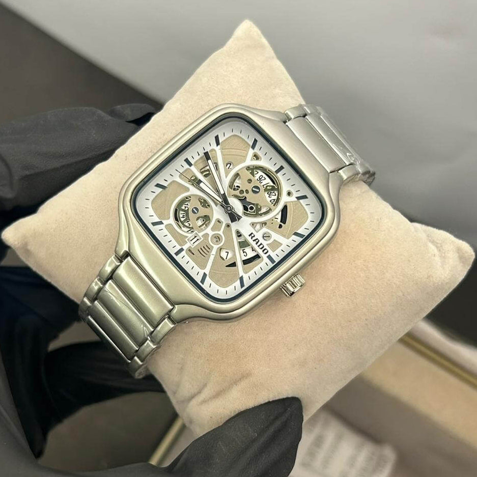 Rado Men's Skeleton White Dial Silver Chain Watch