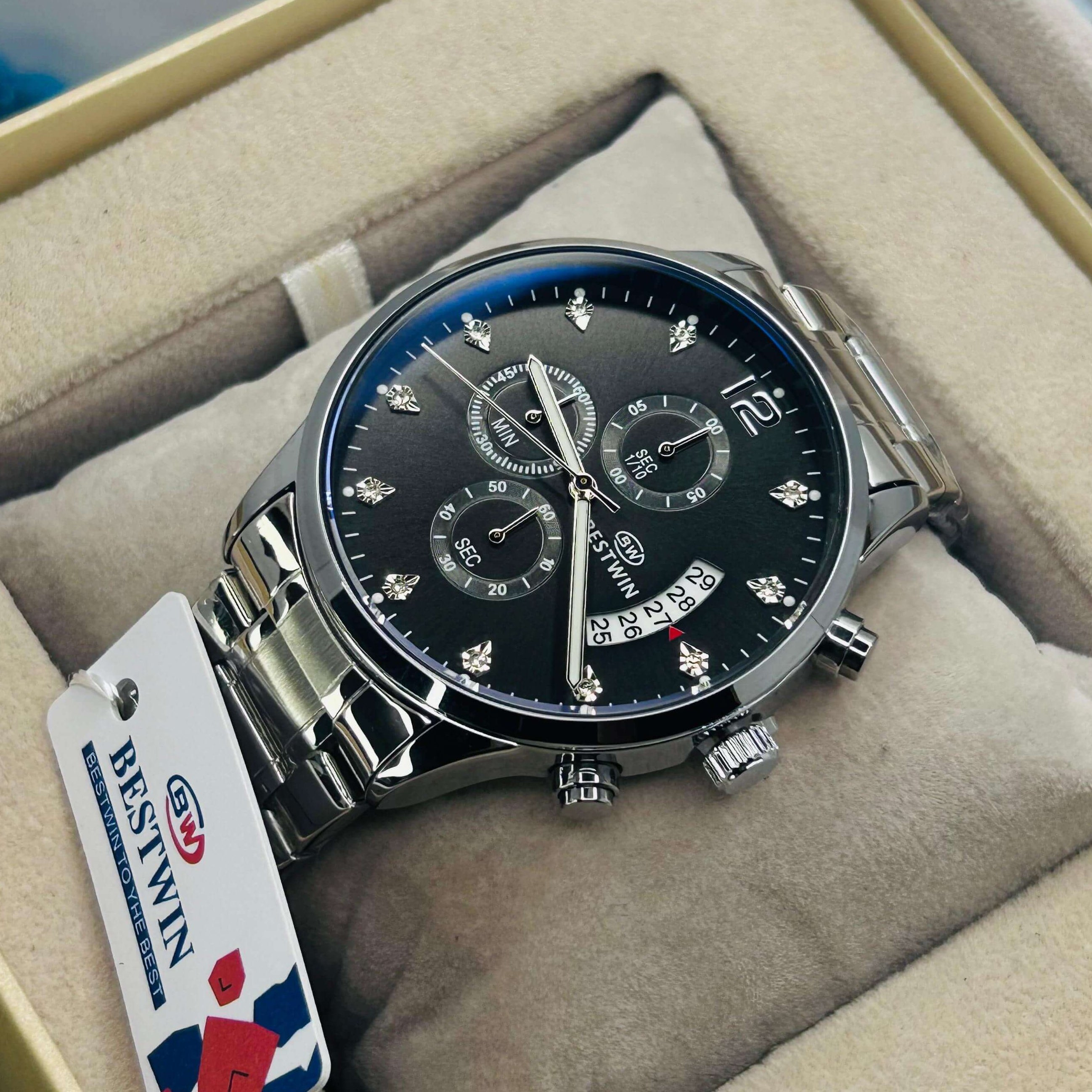 BESTWIN Luxury Men's Chronograph Silver Stainless Steel Watch