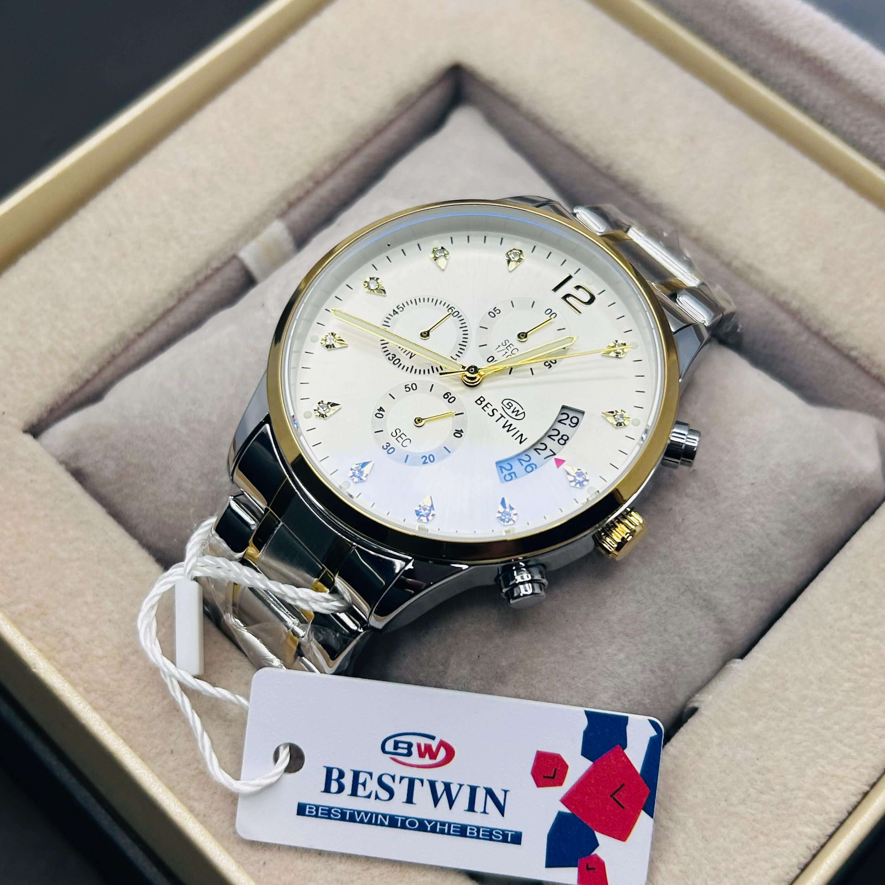 BESTWIN Luxury Men's Chronograph Silver Stainless Steel Watch