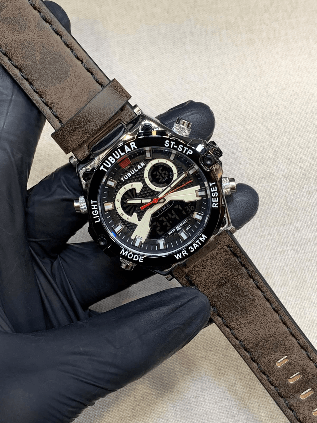 Tublar Men's Leather Strap Dual Time, Day & Date Display Watch