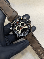 Tublar Men's Leather Strap Dual Time, Day & Date Display Watch