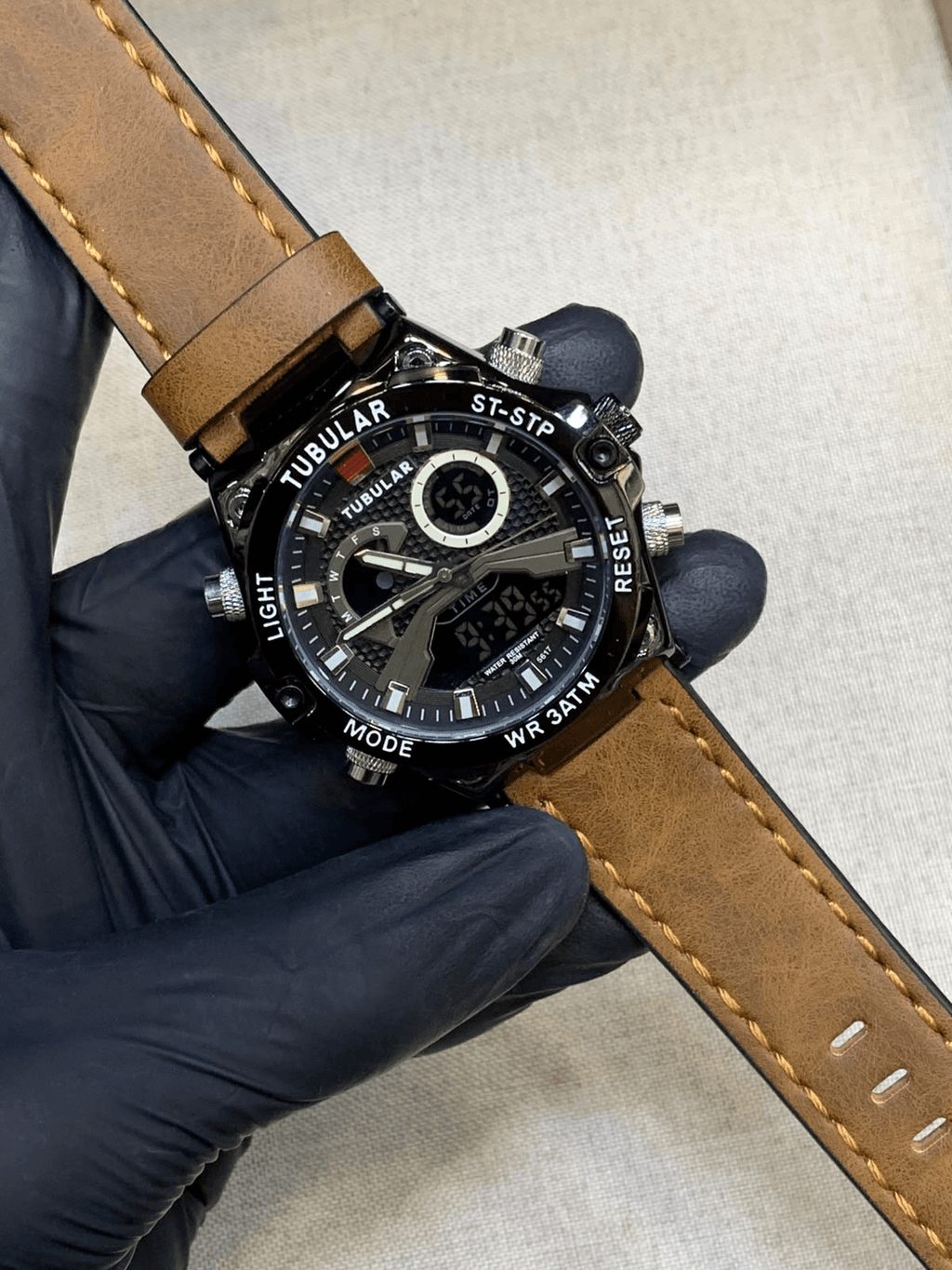Tublar Men's Leather Strap Dual Time, Day & Date Display Watch