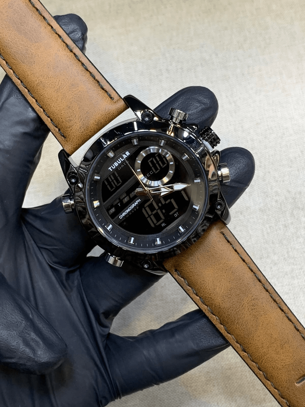Tublar Men's Leather Strap Dual Time, Day & Date Display Watch