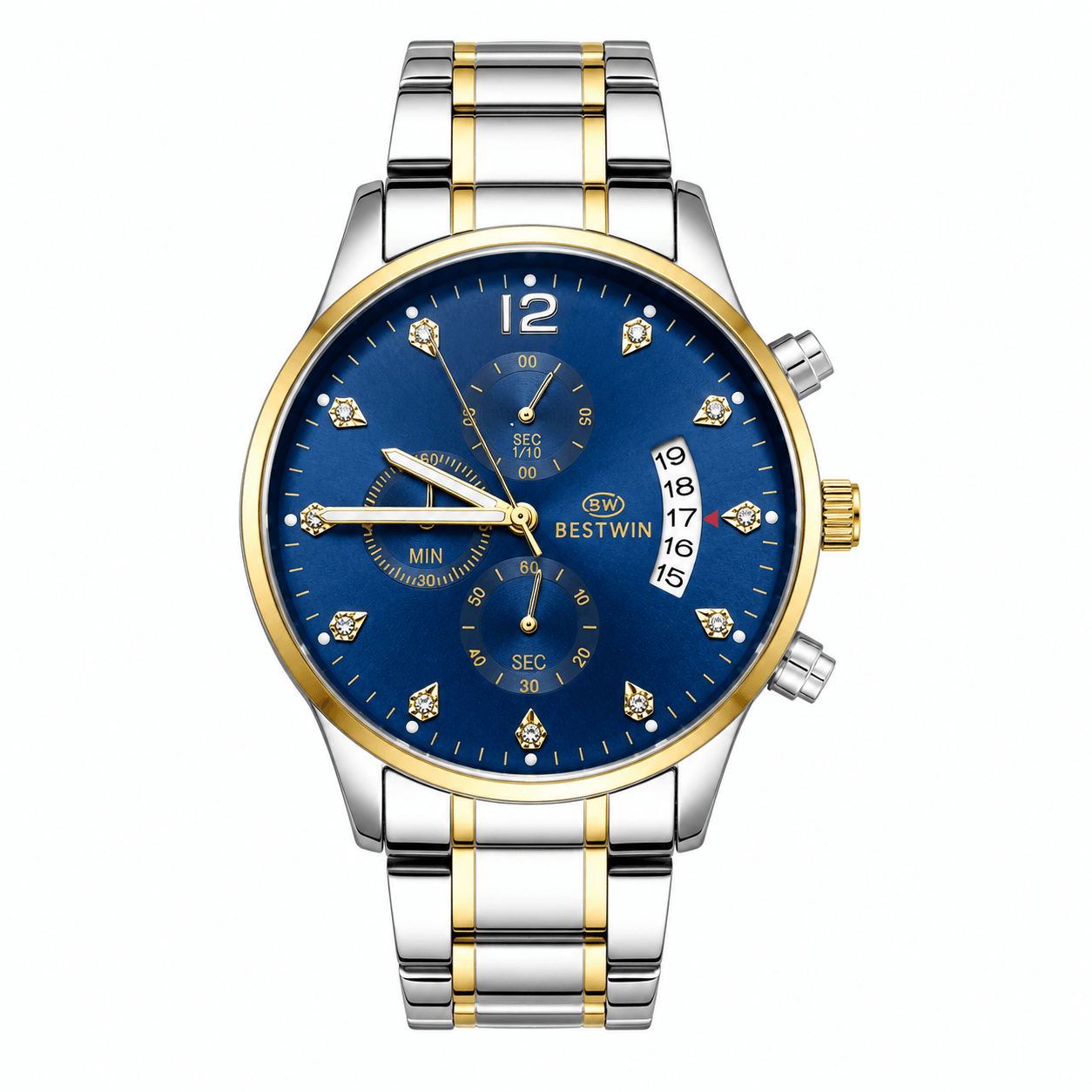 BESTWIN Luxury Men's Chronograph Silver Stainless Steel Watch