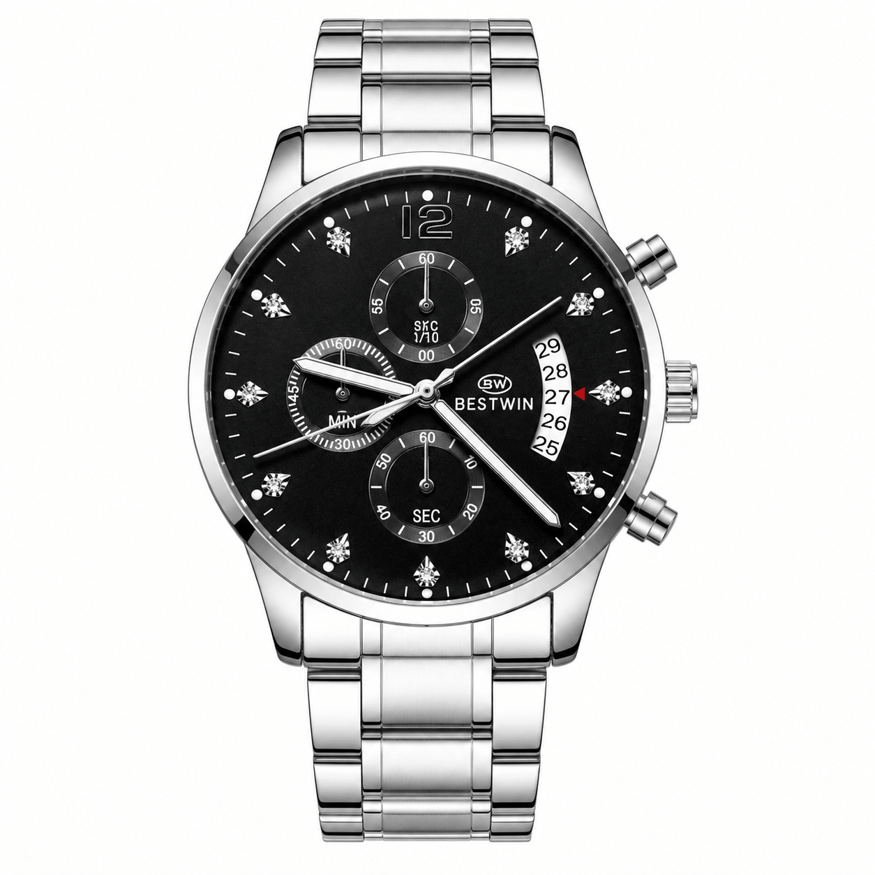 BESTWIN Luxury Men's Chronograph Silver Stainless Steel Watch