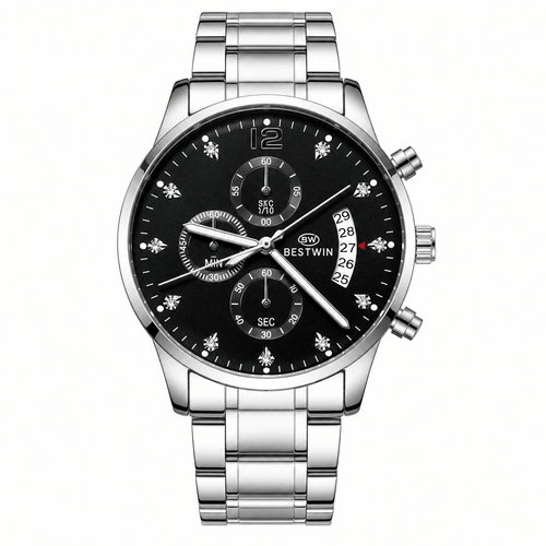BESTWIN Luxury Men's Chronograph Silver Stainless Steel Watch